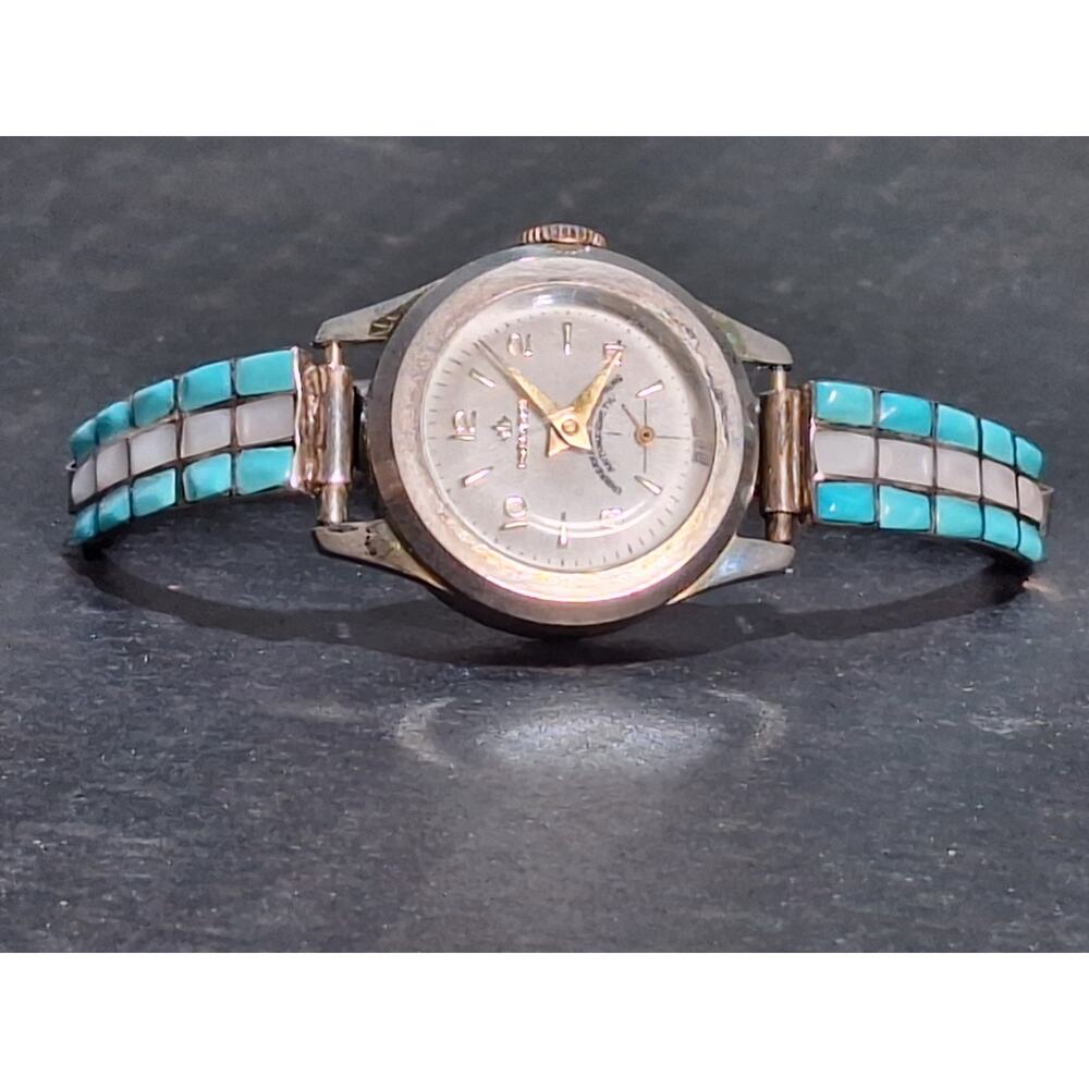 Manson Swiss Wind Up Watch 925 Sterling Turquoise Mother Pearl Inlay Tips- Works